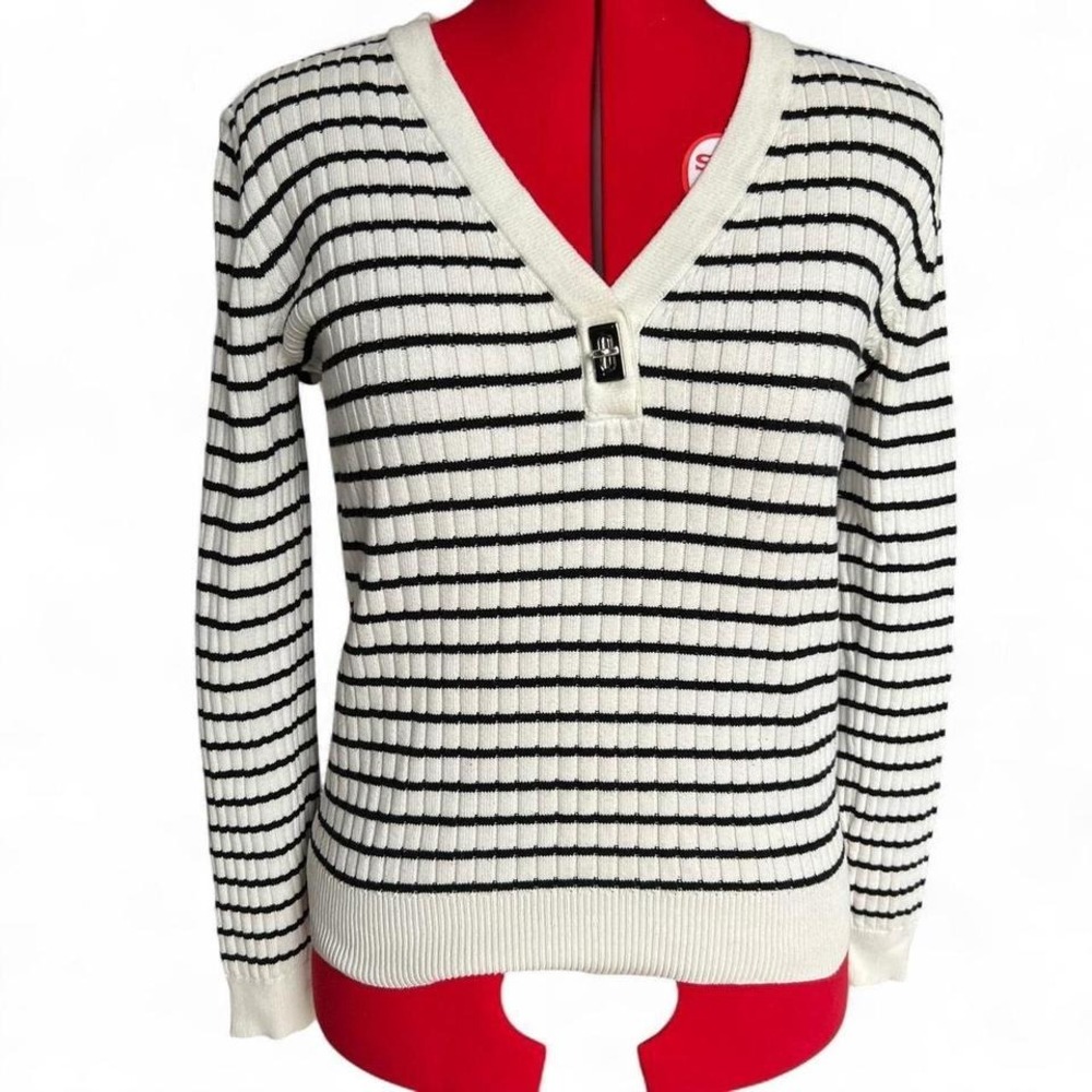 Lauren Ralph Lauren Preppy White & Black Striped V Neck Sweater Preppy Medium